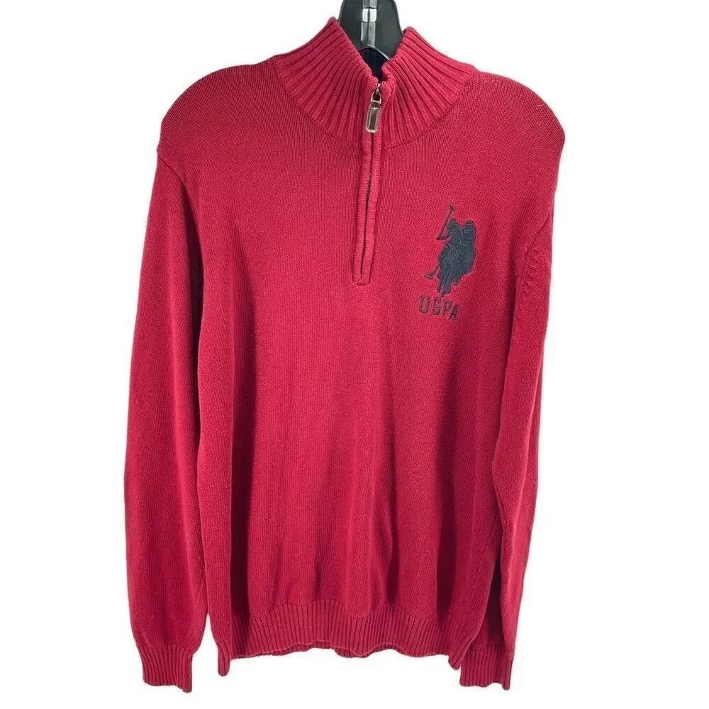 US Polo Assn Mens Pullover Sweater Quarter Zip Long Sleeve Logo Red Size Large